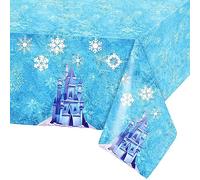 POPOYU Frozen Snowflake Plastic Tablecloth, 137 x 274cm Blue Ice Castle Table Cover for Baby Shower, Winter Themed Party Decorations
