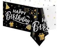 POPOYU Happy Birthday Black Gold Table Cloth Table Cover for Him Her, 137 * 274cm Birthday Rectangular Dining Tablecovers Plastic Tablecloths for Girls Boys Men Women Birthday Party Decorations