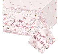 POPOYU Pink Happy Birthday Table Cloth Table Cover for Girls Her, 137 * 274cm Birthday Rectangular Dining Tablecovers Plastic Tablecloths Large for Baby Girls Women Birthday Party Decorations