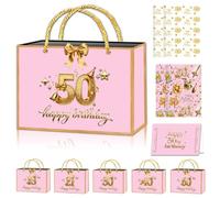 POPOYU Rose Gold Birthday Gift Wrapping Paper Bag Set, All-in-One Kit with Gift Bag, Greeting Card, Glossy Wrapping Paper, Tissue & Ribbon for Women 50th Milestone Gifts for Birthday Party Supply