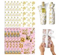 POPOYU Rose Gold Birthday Gift Wrapping Paper Set, DIY Gift Wrapp Kit for Women, Her, 5 Premium Glossy Coated Wrapping Sheets, 5 Tissue Papers & 5 Satin Ribbons for 21st Birthday Gifts Party Supplies