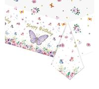 POPOYU137x274 Butterfly Disposable Tablecloth Party Table Cover Large Plastic Runner Cartoon WaterProof Rectangular Theme Birthday Decor Supplies, Purple