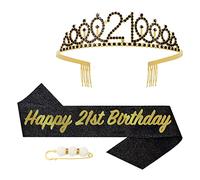 POPOYU21st Birthday Sash and Tiara,Black Gold Rhinestone 21st Birthday Crown and Sash for Her, 21st Birthday Decor Party Accessories,Birthday Crown Costume Set for 21st Birthday Gifts