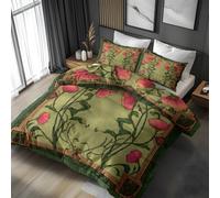Poppies Duvet Cover Sets Olive Green King Bedding Set with Zipper Closure, Soft Microfiber Quilt Cover with 2 Pillowcases 50x75cm QF977