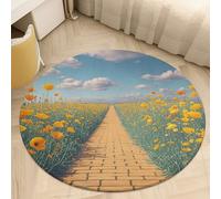 Poppies Field Yellow Brick Road Bath Rug Absorbent Non-Slip Bathroom Rug Round Coral Velvet Bath Washable Door Mat Stain-Resistant Carpet Rug for Toilet Shower Tub Kitchen Decor 80 * 80cm
