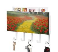Poppies Field Yellow Brick Road Key Holder Wall Mount Decorative Key And Mail Holder with 5 Hooks Key Hanger Organizer Pu Key Rack Decorative Home Decor for Wall Living Room Entryway Office White-styl