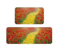 Poppies Field Yellow Brick Road Kitchen Mats for Floor, Kitchen Rugs Sets of 2, Non Slip Cushioned Floor Mat Carpet Absorbent Washable Runner Standing Mat for Laundry Sink 43x75 cm +43x120 cm