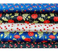 Poppies Floral Fabrics Fat Quarters - Lewis & Irene - 100% Quality Cotton Poplin Fabric Bundles - Sewing Quilting Bunting Dress Fabric - Simply Sew Crafty™ (Poppies 4 - Pack of 5)