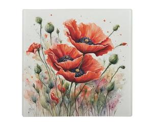 Poppies Large Square Glass Worktop Protector - Watercolour Garden Flowers Homeware Gift/Present - Smooth Floral Kitchen Chopping/Cutting Board Worktop Saver with Non-Slip Feet 30cm x 30cm (12" x 12")