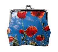 Poppies on Blue Sky Print Compact Coin Purse 4.52 x 4.13in Cute Mini Wallet with Kiss Lock Waterproof Pouch