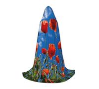 Poppies On Blue Sky Print Hooded Cloak Unisex Variety Wizard Robe Halloween Cosplay And Carnival Gothic