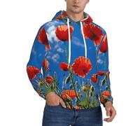 Poppies On Blue Sky Print Men'S Casual Hoodie Pullover, Thin Fleece Long Sleeve Loose Hooded Sweatshirt With Pocket And Comfortable Drawstring For Workout