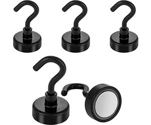 POPPSTAR 5 Pieces Magnet Hook Black Extra Strong (Clamping Force 23 kg (50 lbs), Length 4.5 cm, Diameter 2.5 cm) Neodymium Hook Magnets Large