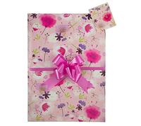 Poppy and Flowers, Pink Gift Wrap Pack, 2 Sheets, 2 Matching Tags and 2 Cerise Pull Bows, Arrives in an A4 boarded envelope for protection. Birthday wrapping paper female, flower wrapping paper