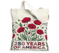 Poppy Canvas Tote Bag for Women, Festive Botanical Leaf Bee Independence Day Red Washable Reusable Graphic Tote Bag for Sho, Red, 13x15 Inch