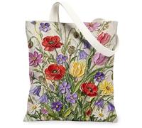 Poppy Canvas Tote Bag for Women, Floral Vibrant Tulips Chrysanthemum Spring Red Washable Reusable Small Tote Bag Ideas for Travel Work Shopping Bookstore 13x15 Inch