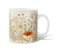 Poppy Ceramic Coffee Mug, Botanical Vintage Chrysanthemum Wildflowers Spring Orange Novelty Office Drinking Cup with Handle Gift for Friends Family Lovers Eldership Senior Co-Worker 15 Oz