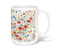 Poppy Ceramic Coffee Mug, Spring Floral Butterfly Chrysanthemum Spring Red Novelty Work Drinking Mugs with Handle Ideal for Friendship Family Colleague Staff Sweetheart Teachers 15 Oz