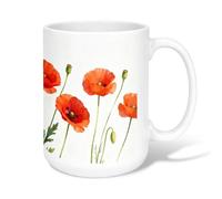 Poppy Ceramic Coffee Mug, Spring Floral Stem Bud Spring Red Novelty Office Drinking Cup with Handle Ideal for Friendship Family Colleague Teachers Sweetheart Staff 15 Oz