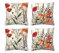 Poppy Cushion Covers 30 x 30 cm Pack of 4 Velvet Cushion Cover Soft Small Sofa Cushions 12 x 12 Inch Square Botanical Flowers Throw Pillow Cases for Sofa Livingroom Bedroom Farmhouse Decor -LI515