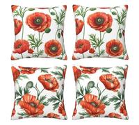 Poppy Cushion Covers 35 x 35 cm Pack of 4 Velvet Cushion Cover Soft Small Sofa Cushions 14 x 14 Inch Square Flowers Throw Pillow Cases for Couch Chair Sofa Livingroom Bedroom Farmhouse Decor -LI557