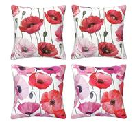 Poppy Cushion Covers 35 x 35 cm Pack of 4 Velvet Cushion Cover Soft Small Sofa Cushions 14 x 14 Inch Square floral Throw Pillow Cases for Couch Chair Sofa Livingroom Bedroom Farmhouse Decor -LI533