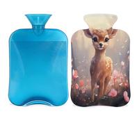 Poppy Deer Hot Water Bottle with Cover, Forest Animal Flower 2L Hot Water Bag for Pain Relief, Neck Soft and Shoulder, Hand Feet Warmer, Hot and Cold Compress for Adult Kids