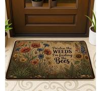 Poppy Door Mat, Botanical Rustic Sunflower Bluebell Spring Brown Washable Low Profile Back Doormat Outdoor Decor for Front Door Entryway Patio 29x17 Inch