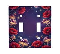 Poppy Double Light Switch Cover Plate, Fanciful Nature-Inspired Mushroom Stars Fall Deep Red Plastic Standard Size Wall Switch Plates Accents for Bedroom Bathroom Kitchen Entrance Decor