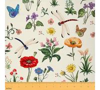 Poppy Fabric by The Yard,Wild Dragonfly Butterfly Retro Flowers Decorative Fabric for Adults Sewing Lovers,Sunflowers Plants Rustic Style Fabric for DIY Upholstery and Home Accents,5 Yards