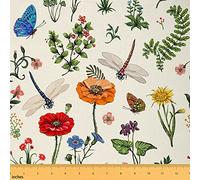 Poppy Fabric by The Yard Wild Dragonfly Butterfly Retro Flowers Fabric for Sewing Lovers Watercolor Sunflowers Plants Rustic Style Fabric for Room Decor and DIY Upholstery 2 Yards