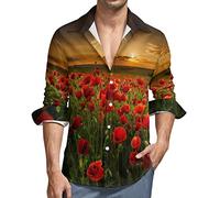 Poppy Field at Sunset Men's Long-Sleeve Button Down Shirts Hawaiian Beach Shirt Casual Blouse Top