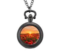 Poppy Field at Sunset Pocket Watch Vintage Quartz Pocket Watches with Chain for Men Women Black-Style