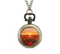 Poppy Field at Sunset Pocket Watch Vintage Quartz Pocket Watches with Chain for Men Women Coppery-Style