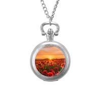 Poppy Field at Sunset Pocket Watch Vintage Quartz Pocket Watches with Chain for Men Women Silver-Style