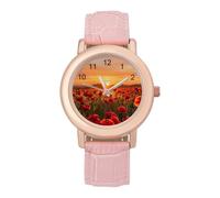 Poppy Field at Sunset Women's PU Leather Strap Watch Analog Quartz Watch Casual Wristwatch for Home Work