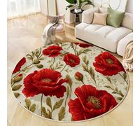 Poppy Fields Round Rugs, Washable Non-Slip Rug, Retro Floral Round Area Rugs 100 Cm, For Living Room Bedroom Hallway Study Coffee Table Bedside Rug