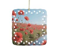 Poppy Flower Ceramic Christmas Ornament Xmas Tree Hanging Pendant Double Sided Pattern Festive Square Ornament Holiday Home Party Decoration Gifts
