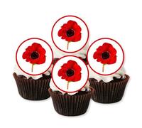 Poppy Flower Edible Cupcake Toppers - 24 x 4cm/1.5 Inch Precut Wafer Cake Decorations for Remembrance Day, Memorials & Military Events