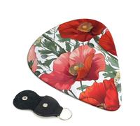 Poppy flower pattern Art Printed Guitar Picks, 6 Pack with Leather Keychain Pick Holder - 0.46mm, 0.71mm, 0.96mm Assorted Thickness for Acoustic Ukulele, Electric Guitar, Acoustic Guitar, Bass