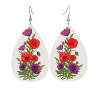 Poppy Flower Piercing Teardrop Earrings Set Trendy Faux Leather For Women Girls Birthday Xmas Jewelry Gift