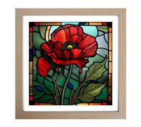 Poppy Flower Stained Glass Effect Framed Print | 18x18 Inch Oak Framed Wall Art | Ready to Hang | Modern Floral Picture | Living Room Bedroom Lounge Office