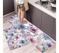 Poppy Flowers Branches Leaves Kitchen Mat Sets Non Slip Washable, Fresh Watercolor Flowers Kitchen Rugs Runner Set of 2 Anti Fatigue Kitchens Floor Mat for Home Decor Standing Desk 40x60cm+40x120cm