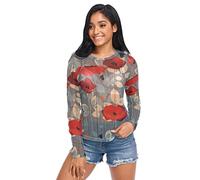 Poppy Flowers Long Sleeve Blouses for Women Mesh Lightweight Shirts Blouse Top, Poppy Flowers, L