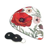 Poppy flowers pattern Printed Guitar Picks, 6 Pack with Leather Keychain Pick Holder - 0.46mm, 0.71mm, 0.96mm Assorted Thickness for Acoustic Ukulele, Electric Guitar, Acoustic Guitar, Bass
