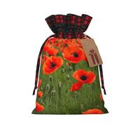 Poppy Flowers Petals Printed Gift Bags with Drawstring - Christmas Party Holiday Sacks - Festive Pouches for Goodie, Treats