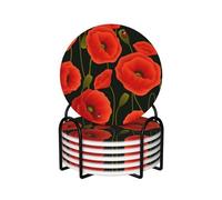 Poppy Flowers Print Ceramic Coaster Set Of 6 Super Absorbent & Anti-Slip Coasters With Black Metal Bracket