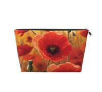 Poppy Flowers Printed Toiletry Bag for Women Girl Portable Travel Cosmetic Bag Leather Makeup Pouch Organizer with Silver Zipper