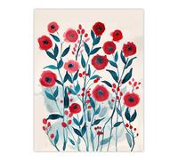 Poppy Flowers Red Teal Bright Floral Watercolour Wall Art Print Artery8 Red W24 inch x H32 inch