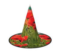 Poppy Flowers Vivid Petals Print Halloween Witch Hat Carnival Wizard Cap | Universal Theme Celebration Costume Accessory Headwear Holiday Cosplay